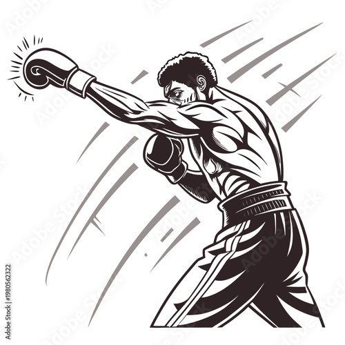 Muscular boxer throwing punch with intensity, dynamic action lines, sports illustration in monochrome style.