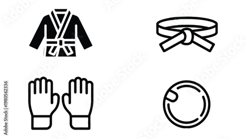 Martial Arts Essentials: Four key elements of martial arts are displayed, with a black belt, gloves, and protective gear. The image evokes discipline and focus, symbolic of the commitment