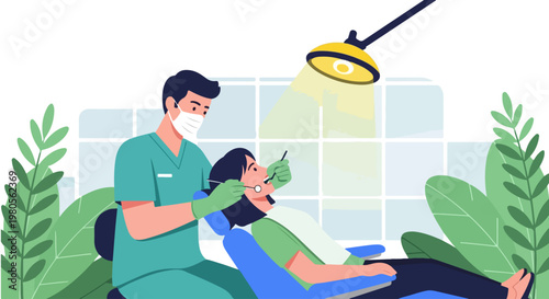 Professional dental clinic illustration, dentist examining patient in medical chair, stomatology healthcare concept vector with green plants