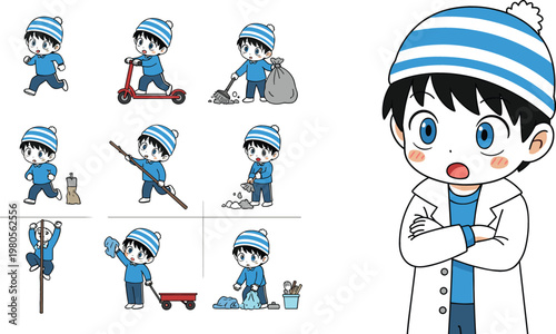 Cute boy character doing different chores cleaning sweeping carrying trash and working cartoon vector illustration collection