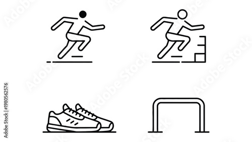 Active Lifestyle Icon Set: An icon set showcases the essence of an active lifestyle, featuring dynamic running figures, hurdles, and a pair of athletic shoes, symbolizing a commitment to fitness. 