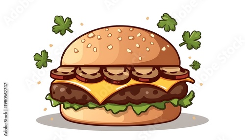 A delicious double cheeseburger with mushrooms and lettuce on a sesame seed bun surrounded by parsley leaves.