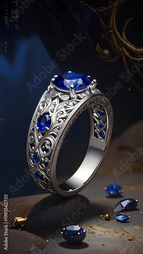 A large silver ring with blue gemstones on a dark background