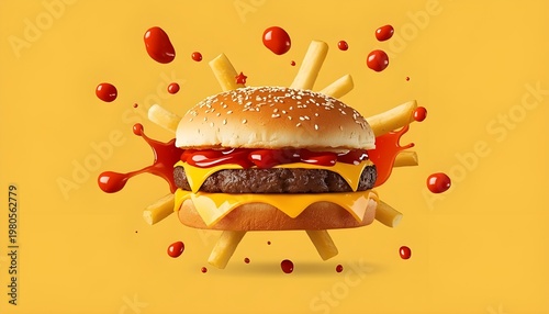 A juicy cheeseburger with fries and ketchup splatters on a yellow background