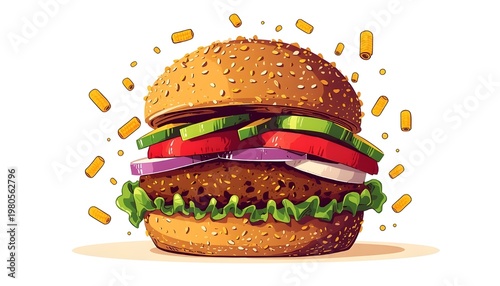 A delicious burger with fresh vegetables and crispy fries on a white background