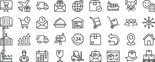 Comprehensive collection of logistics and e-commerce line icons featuring shipping delivery warehouse global transport and customer service symbols.
