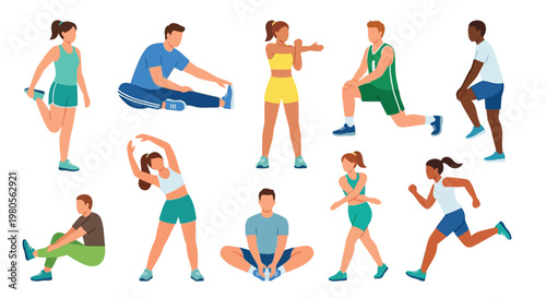 Diverse group of people stretching and exercising in athletic wear