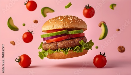 A juicy burger with fresh vegetables and ingredients floating around it on a pink background