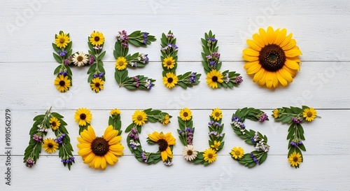 Floral letters spelling 'HELLO AUGUST' on a white wooden background with sunflowers and greenery, conveying a warm and welcoming mood