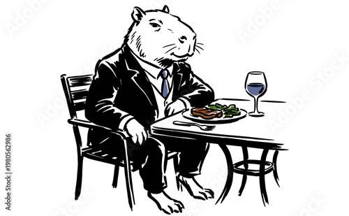Sophisticated Capybara Dining. Gentleman rodent in a suit. Gourmet dinner artwork for t-shirt print, sticker, and artistic decor.