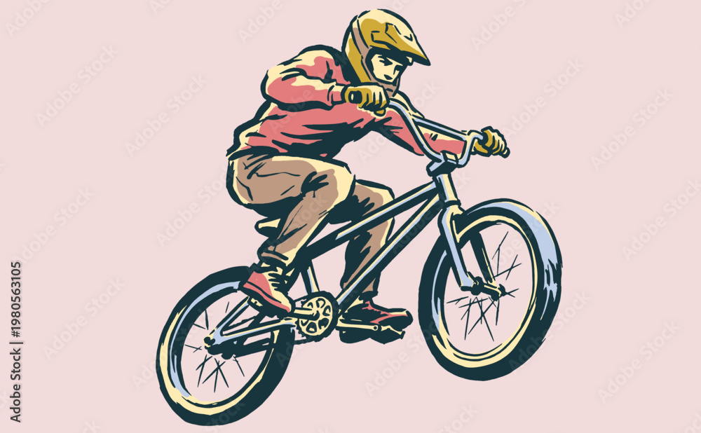 Naklejka premium Extreme BMX air jump graphic. Urban stunt cycling artwork. Freestyle bike rider for t-shirt design, poster, sticker, and street style sport club.
