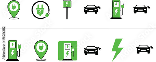 Electric vehicle charging station icon set featuring green plugs, battery symbols, and car charging indicators for sustainable transport and eco-friendly energy infrastructure design.
