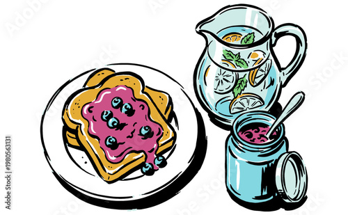 Healthy breakfast time artwork. Delicious blueberry toast, berry jam and citrus infused water design for poster, menu or kitchen decor.