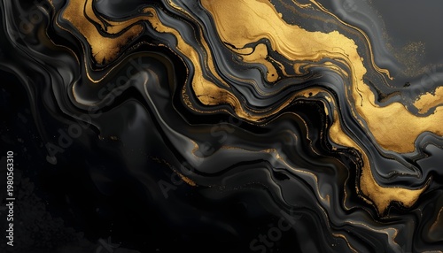 A luxurious black and gold abstract marble design with swirling patterns