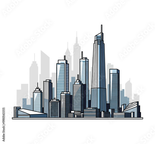 Vector of a modern cityscape featuring tall skyscrapers and contemporary buildings with sleek designs