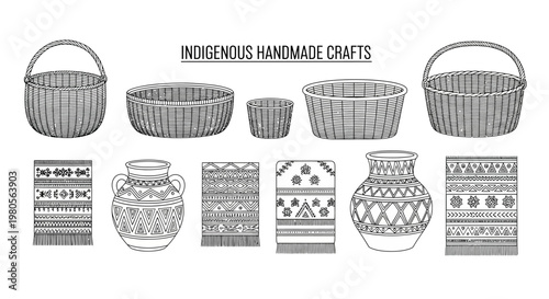 Collection of hand drawn indigenous handmade crafts and artifacts.