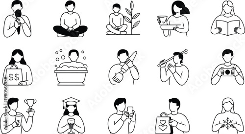 Array of depicting human actions and interests including performance relaxation hobbies and shopping