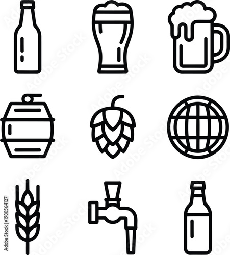 Beer and brewing including bottles, glass, barrel, hops, and tap