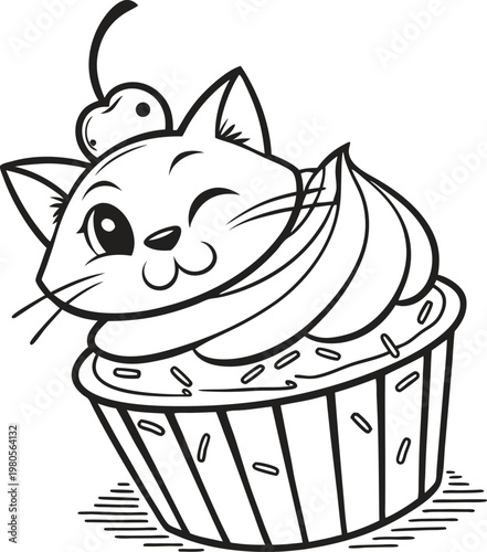 Kawaii cat cupcake coloring page, cute kitten dessert line art vector, winking kitty character with cherry and frosting, sweet animal treat illustration