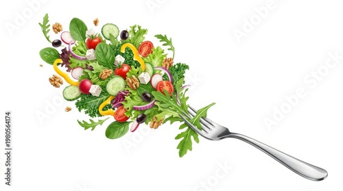 A fork holds a mix of greens, tomatoes, cucumbers, and nuts ready to eat for a meal