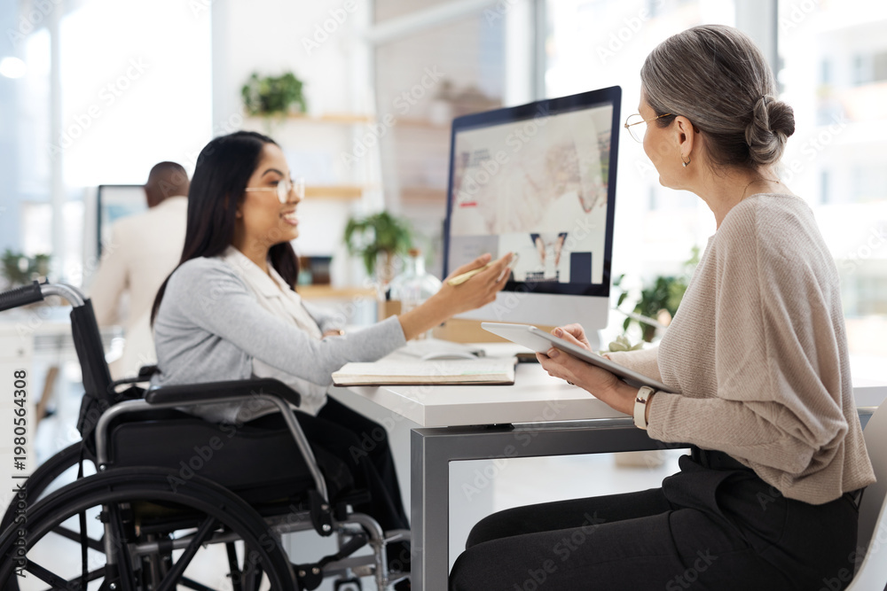 Obraz premium Mentor, wheelchair and women with computer at inclusive office for talking, training or advice at desk. Tablet, screen and happy person with disability, equality and accessibility at workplace