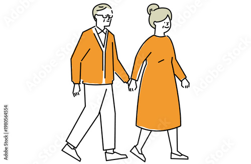 セカンドライフを共に歩むシニア夫婦の線画イラスト