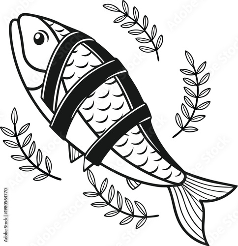 Stylized fish vector illustration with seaweed, black and white seafood line art, nautical animal icon for restaurant menu design