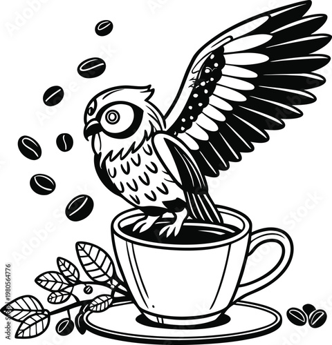 Vintage owl coffee illustration, black and white bird perched on espresso cup, caffeine morning concept vector with roasted beans and leaves