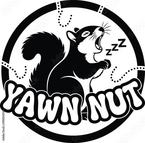 Black and white yawning squirrel in circle with text
