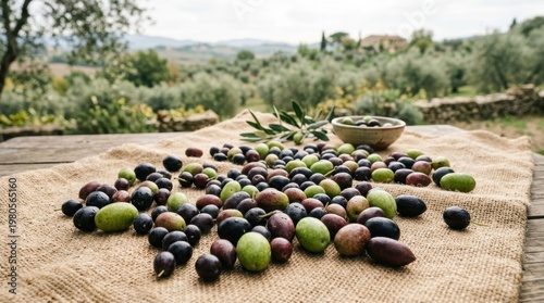 Assortment of freshly harvested olives spread across a burlap cloth with a bowl of olives and a scenic countryside backdrop