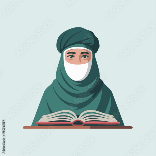 Muslim woman in green hijab reading a book