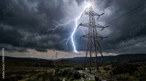 Dominant electricity pylons stand against a dramatic stormy sky with lightning strikes illuminating the landscape.