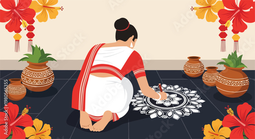 A woman in a red and white saree creating a traditional rangoli design on the floor with white powder, surrounded by festive decorations like kalash pots and hibiscus flowers.