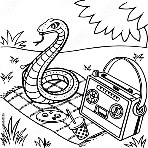 Cartoon snake coloring page, funny cobra character on picnic blanket with retro radio, black and white outline vector illustration for kids