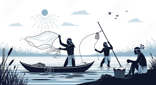 Indigenous people fishing in a boat and on the riverbank.