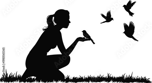 Woman silhouette feeding birds representing harmony with nature and peaceful interaction