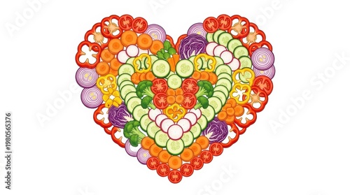 Various vegetables cut into different shapes form a heart on a white background for a health theme