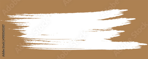 Broad white paint brush stroke with textured edges centered on a warm tan background providing space for custom text or design.