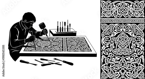 Black and white illustration of a skilled craftsman woodcarving an intricate celtic pattern.