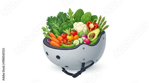 A helmet holds various fresh vegetables like lettuce, carrots, and tomatoes in a playful design