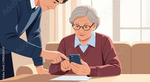 Elderly woman learning to use smartphone with assistance from younger man at home, digital inclusion concept illustration