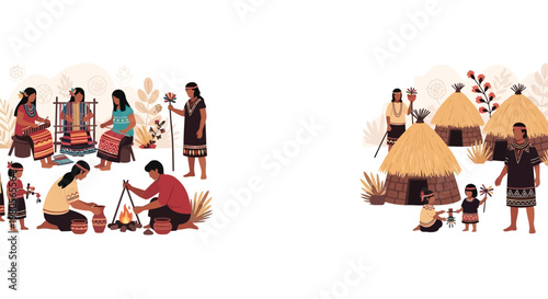 Illustration of indigenous people in a traditional village setting.