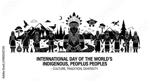 Diverse group of indigenous people standing together in traditional clothing illustration.