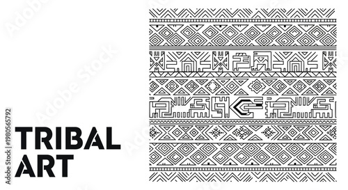 Seamless Tribal Pattern with Ancient Geometric Symbols and Animal Figures.