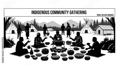 Indigenous community gathering silhouette scene with people sharing food.