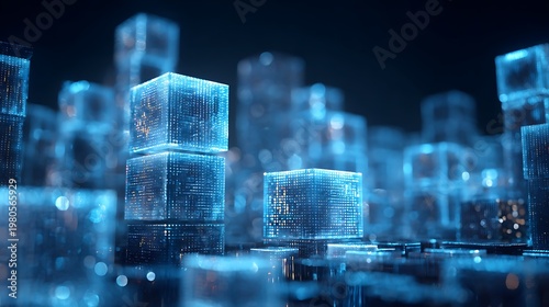 futuristic real estate platform, city buildings converted into glowing digital cubes, blockchain-based property ownership,