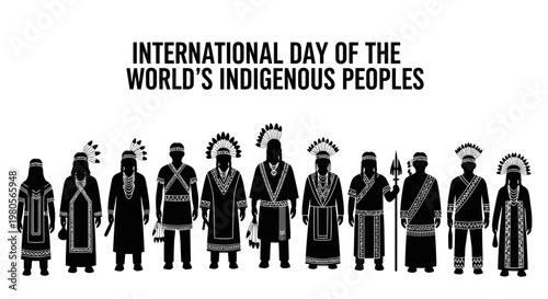 Silhouettes of indigenous peoples in traditional attire for international day.