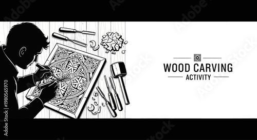Skilled craftsman creating intricate wood carving art with traditional tools.