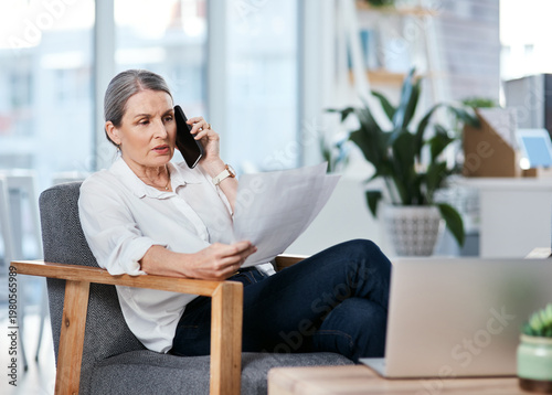 Obraz na plátně Phone call, review or woman in agency with paper, draft feedback or source contact on article