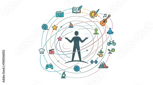 A person stands surrounded by icons representing different hobbies and activities